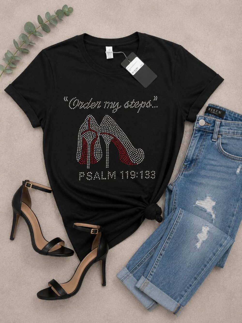 Order My Steps Rhinestone Tee – Fitted Medium – Black Statement Shirt